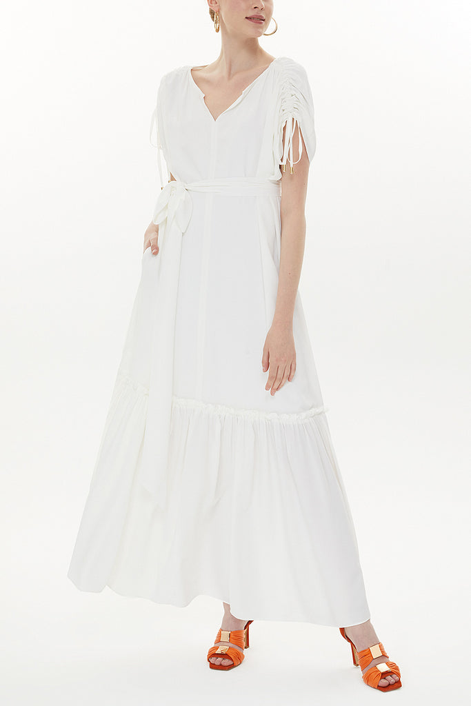 White Pleated sleeve wide cut maxi dress 93343