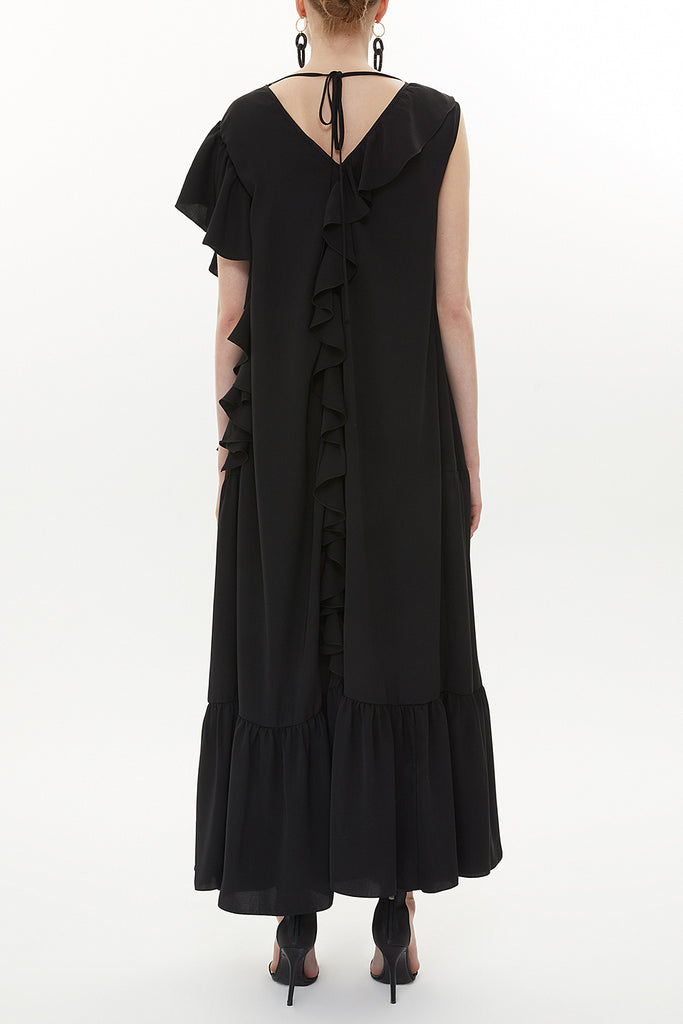 Black Ruffled wide cut sleeveless dress 93366