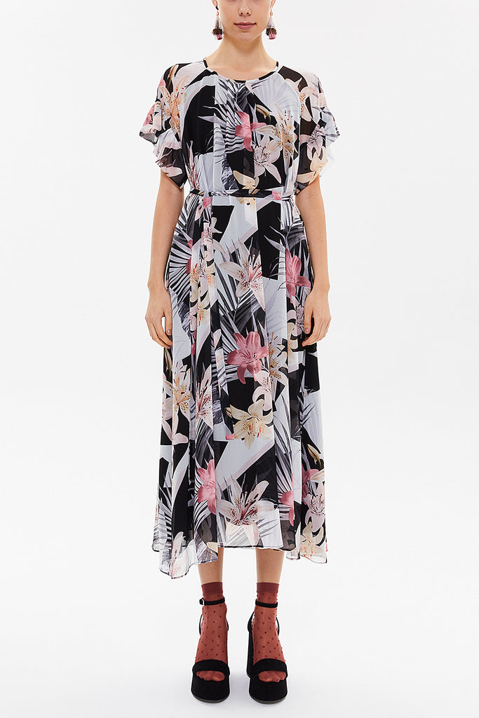 Black Wide cut Printed chiffon midi dress 92919