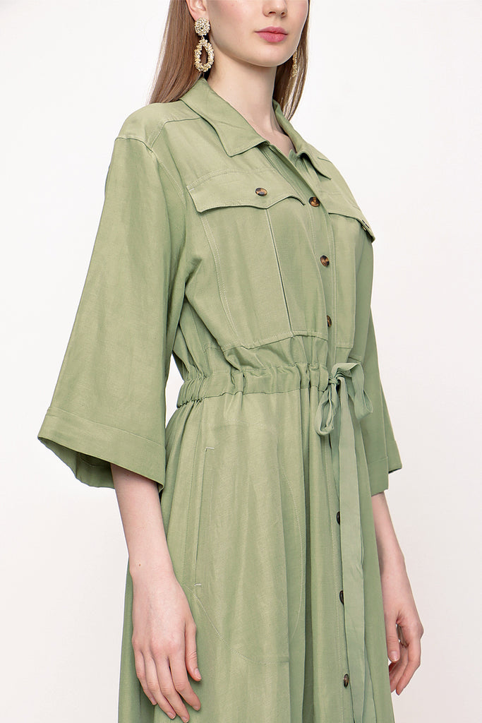 Green Wide cut linen shirt dress 93564