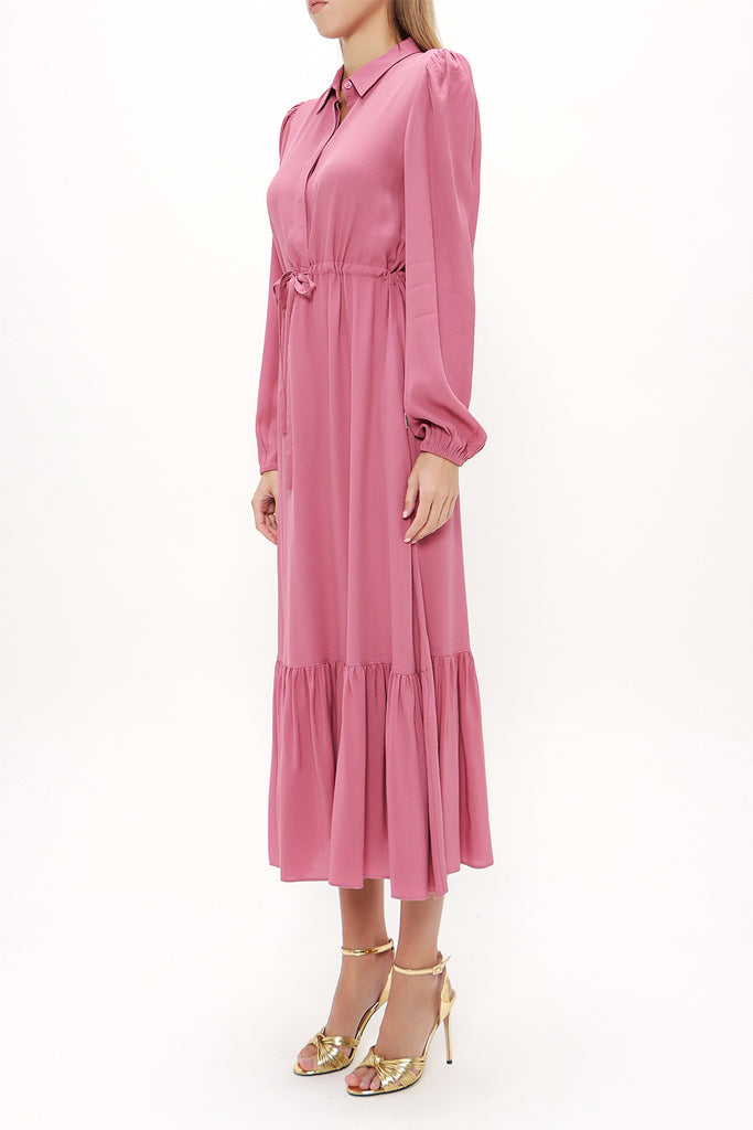 Dark Pink Pleated belt detail midi dress 93323