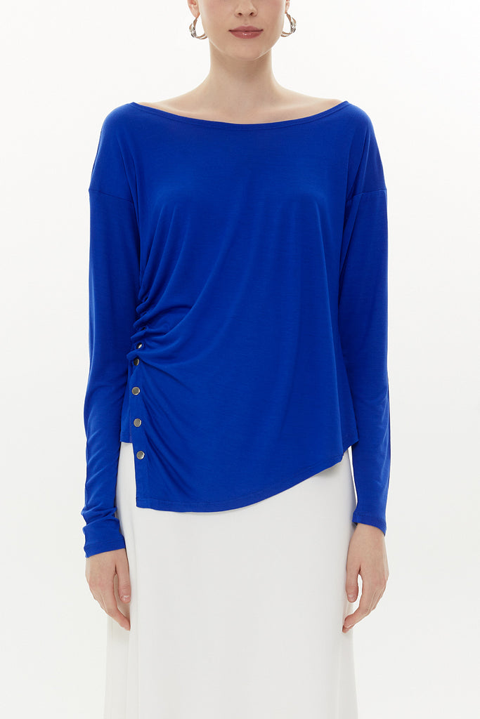 Blue Asymmetric snap fastener detail blouse 19818