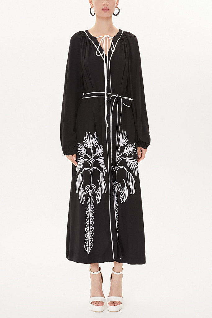 Black Painted Embroidery detail long sleeve dress 93438