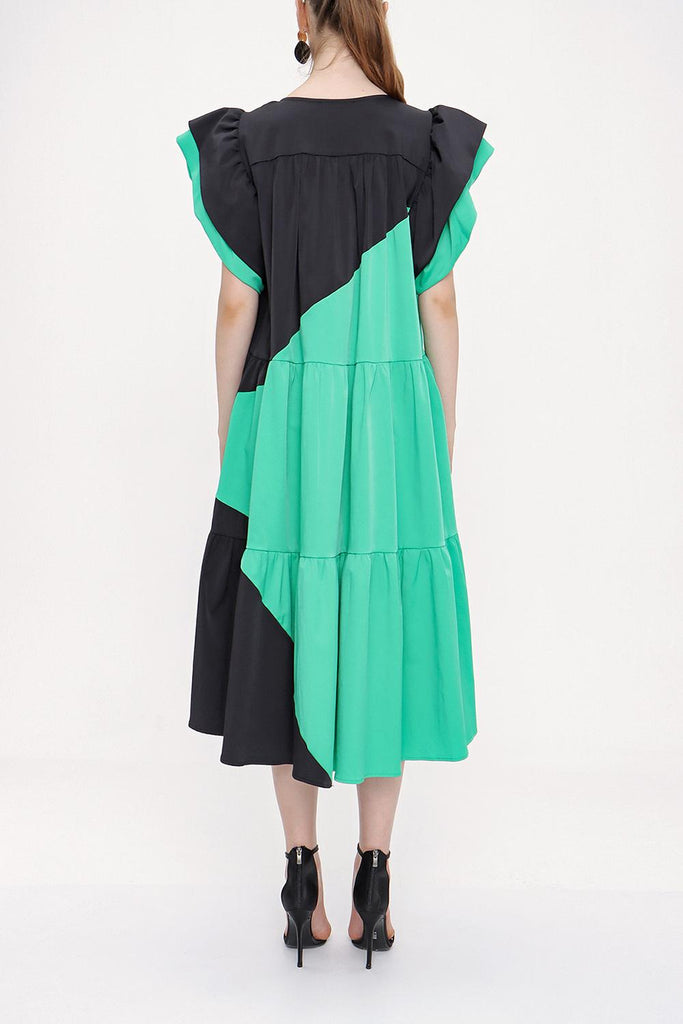 Black Green Kontrast colorful shirred dress 93944