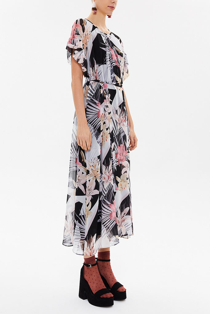 Black Wide cut Printed chiffon midi dress 92919