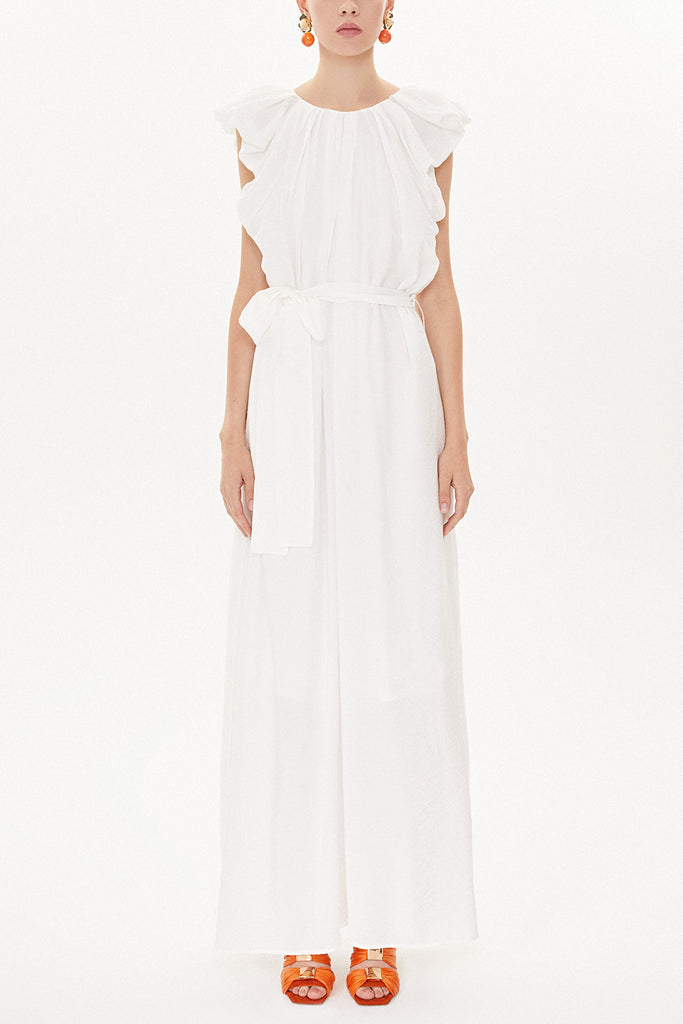 White Pleated shoulder shabby chic dress  93468