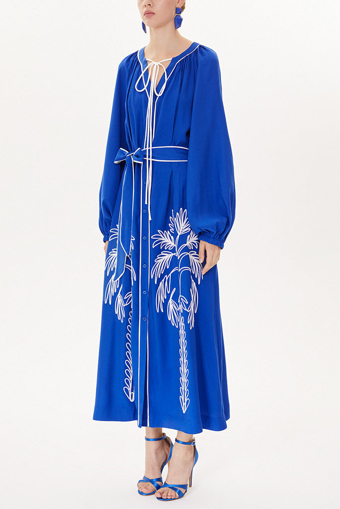 Blue Embroidery detail long sleeve dress 93438