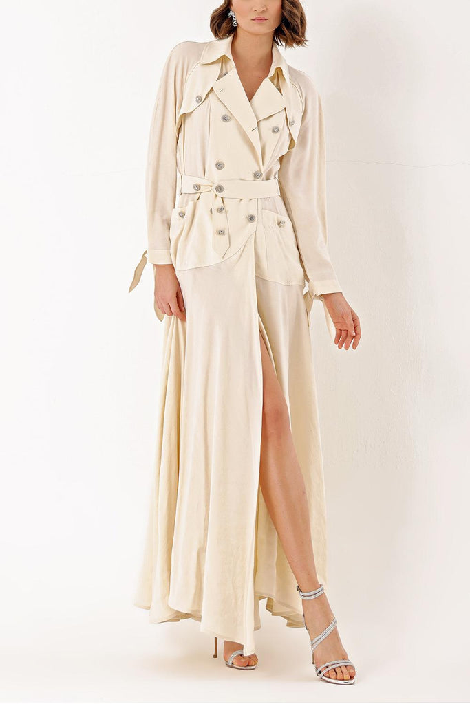 Ecru Long trench dress with crystal button detail 94400