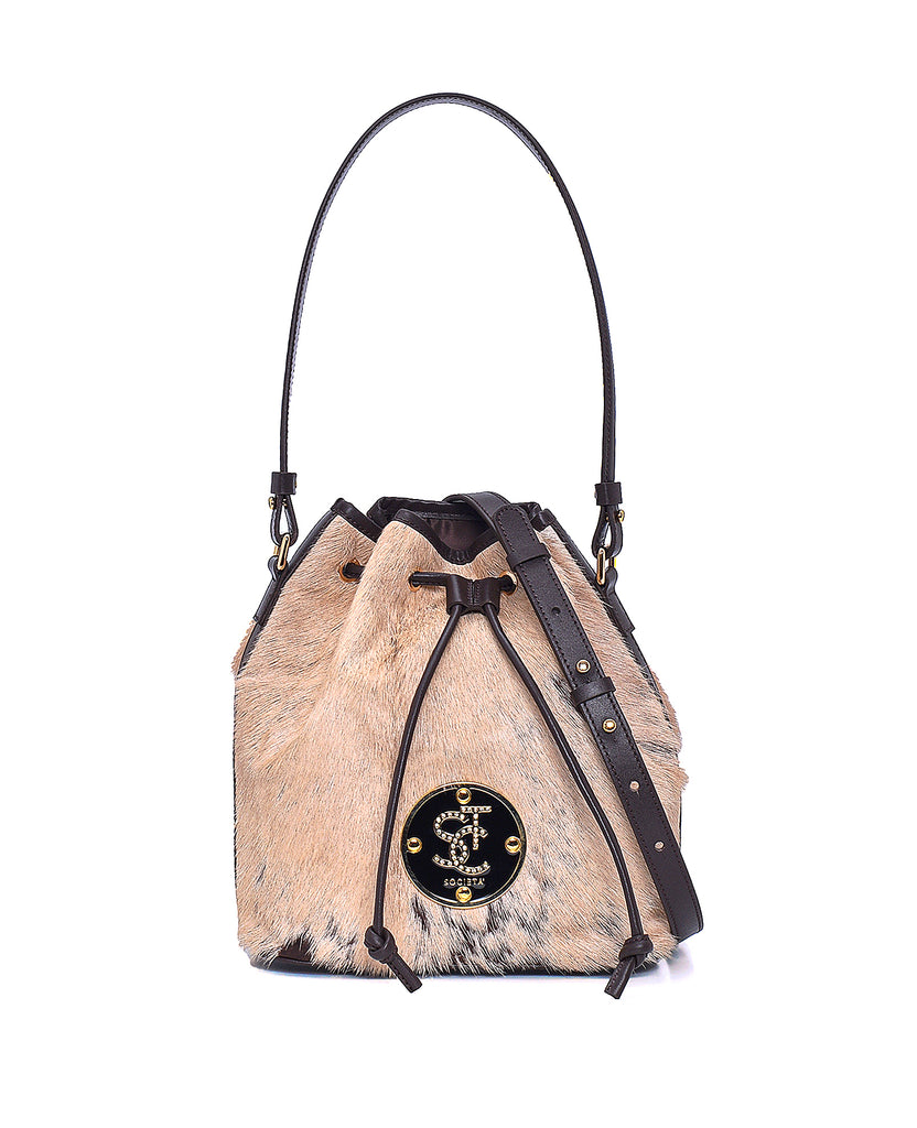 Beige leather and shearling-trimmed bucket bag 23020