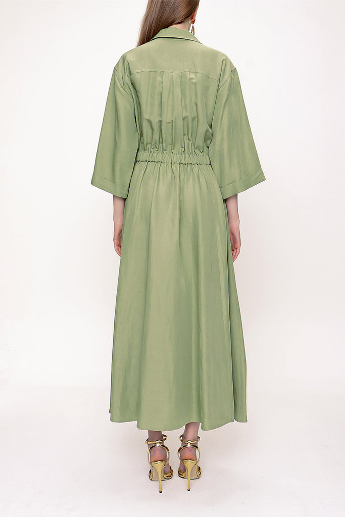 Green Wide cut linen shirt dress 93564