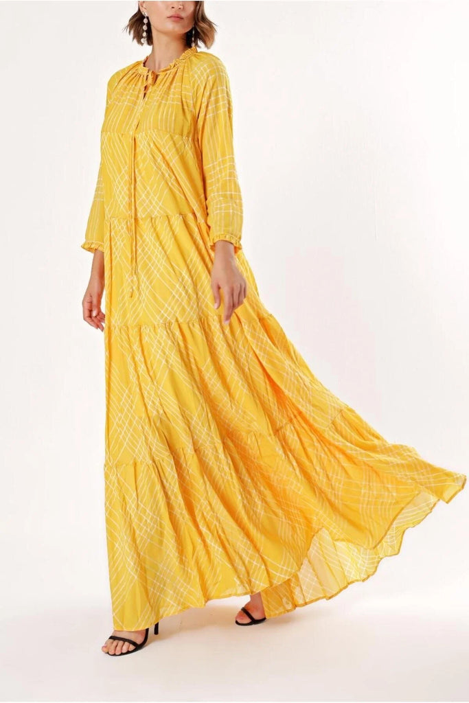 Asit Sarı Büzgülü Yaka Detaylı Uzun Elbise 93454