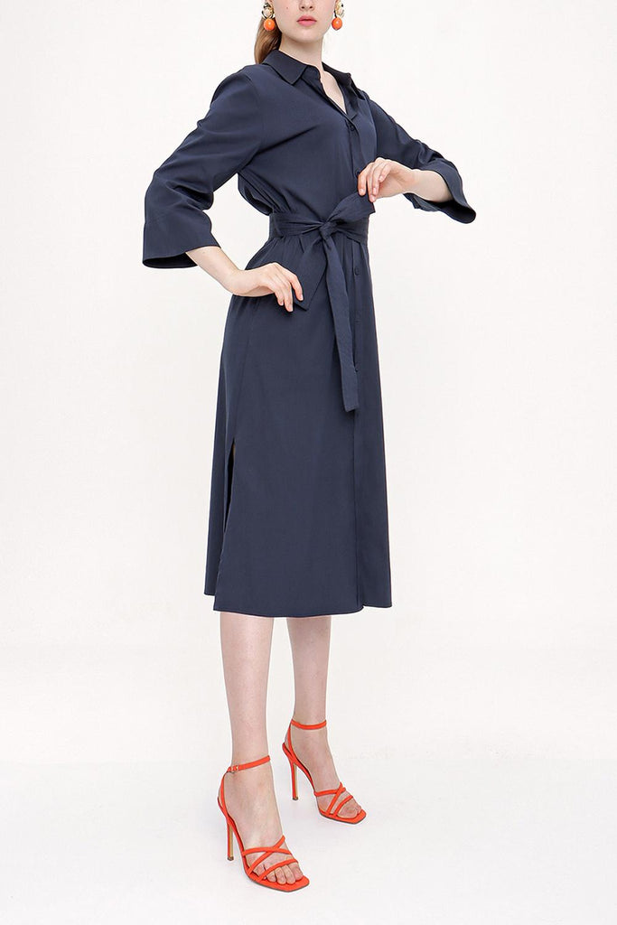 Navy Blue Belted wide cut poplin dress 93995