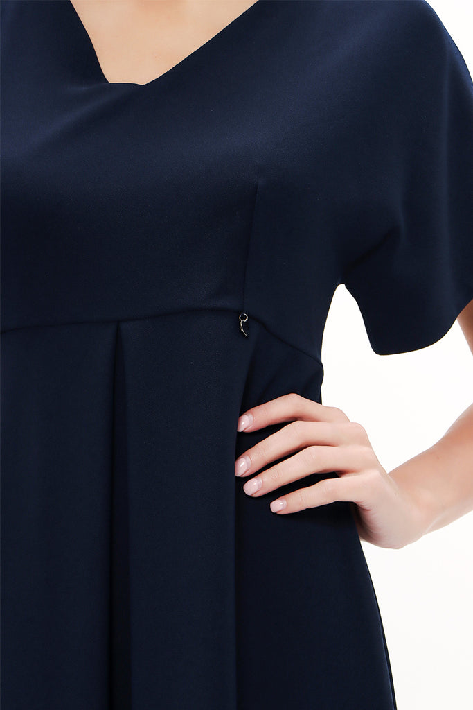 Navy Blue V-neck Pleated skirt mini dress 91417