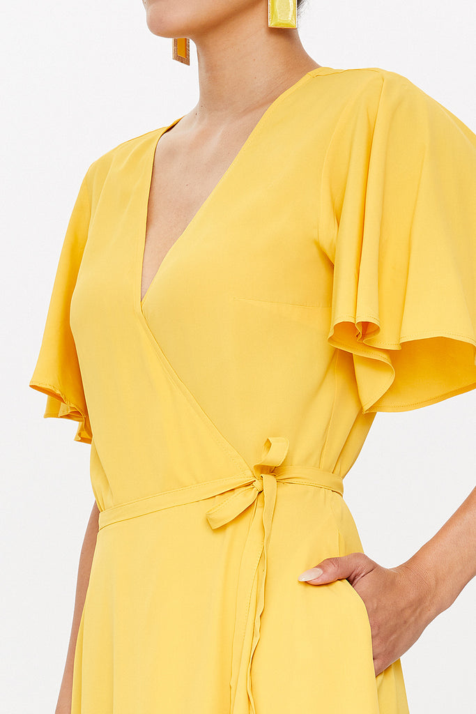 Yellow V-neck wrap-over maxi dress 93207