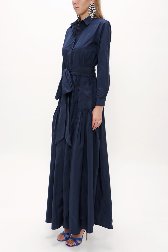 Navy Blue Pleated maxi taffeta dress 93775