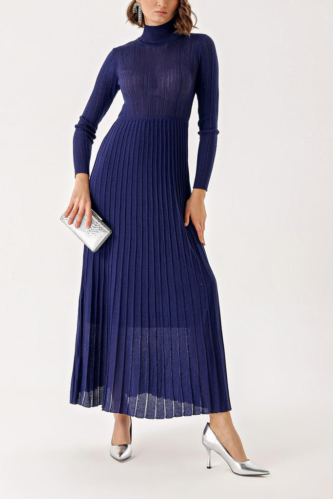 Navy Blue High collar pleated skirt long knitwear dress 28848 Societa Wholesale Global Navy Blue High collar pleated skirt long knitwear dress 28848 Societa Wholesale Global