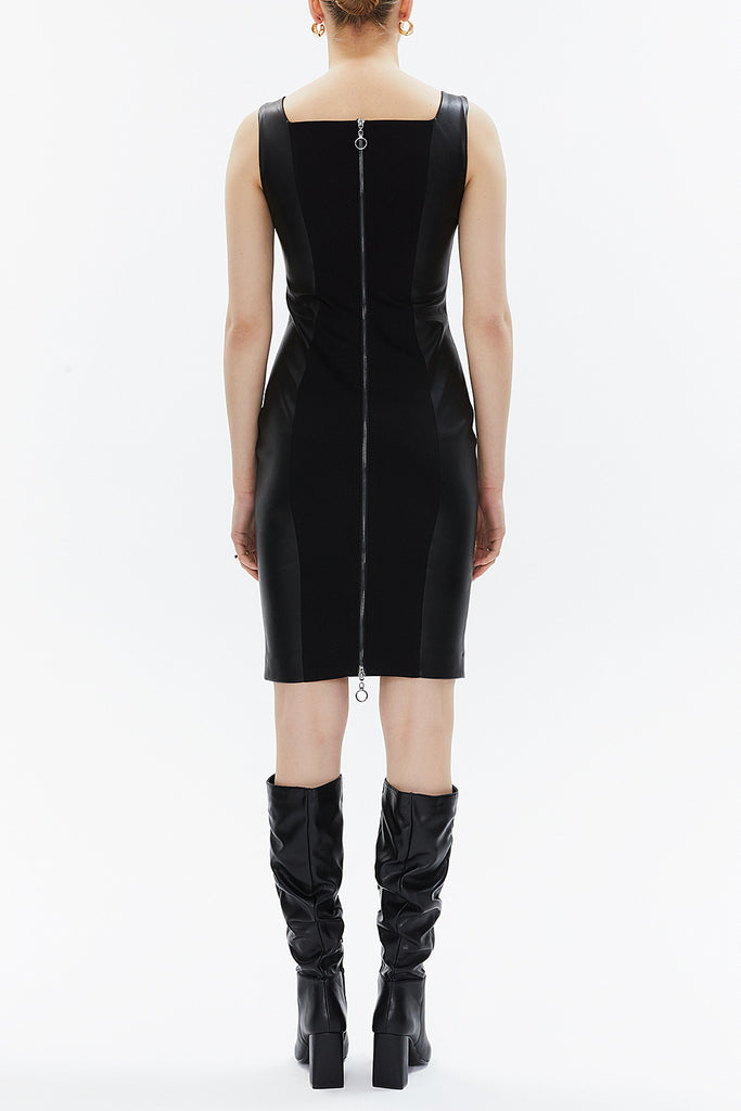 Black Leather sleeveless Slim fit mini dress 93345