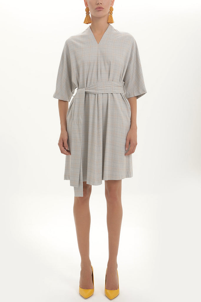 Gray Belted V-neck wide cut mini dress 92408