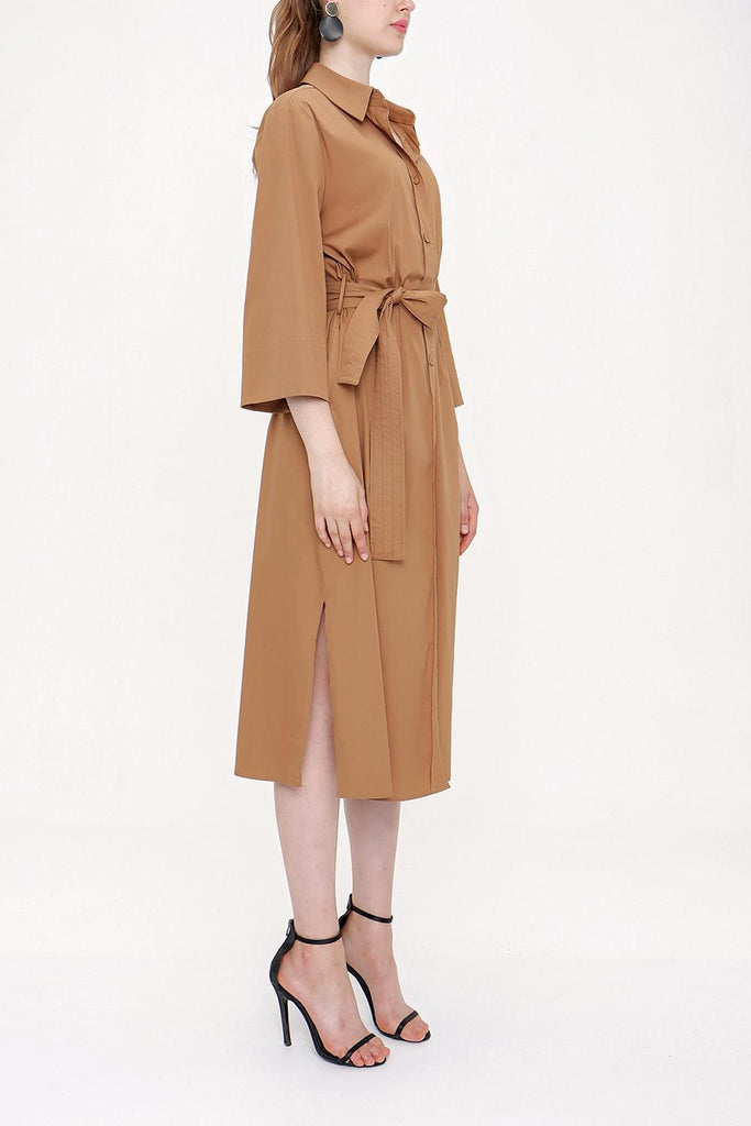 Camel Hair Belted wide cut poplin dress 93995