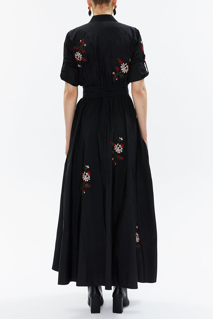 Black Embroidered taffeta long shirt dress 94249