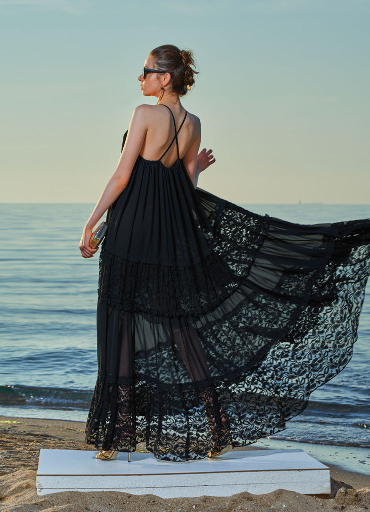 Black Ruffled wide cut lace dress 93555