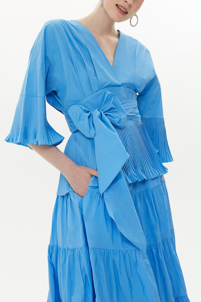 Blue Pleated V-neck blouse 19822