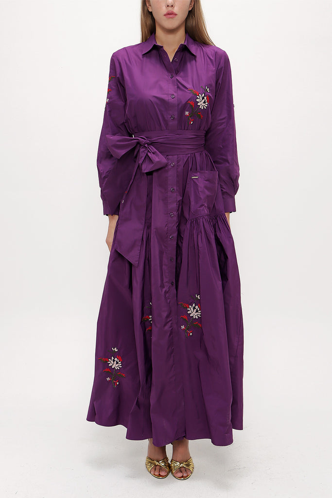 Purple Embroidered and Pleated maxi dress 93072