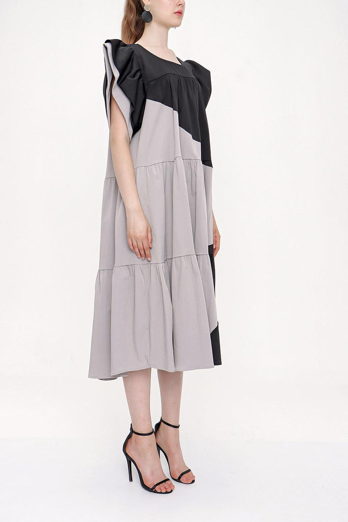 Black Gray Kontrast colorful shirred dress 93944