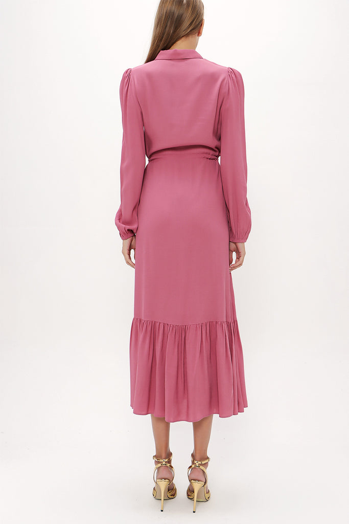 Dark Pink Pleated belt detail midi dress 93323