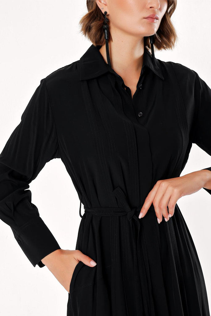 Black Wide cut pleat detail shirt dress 93828