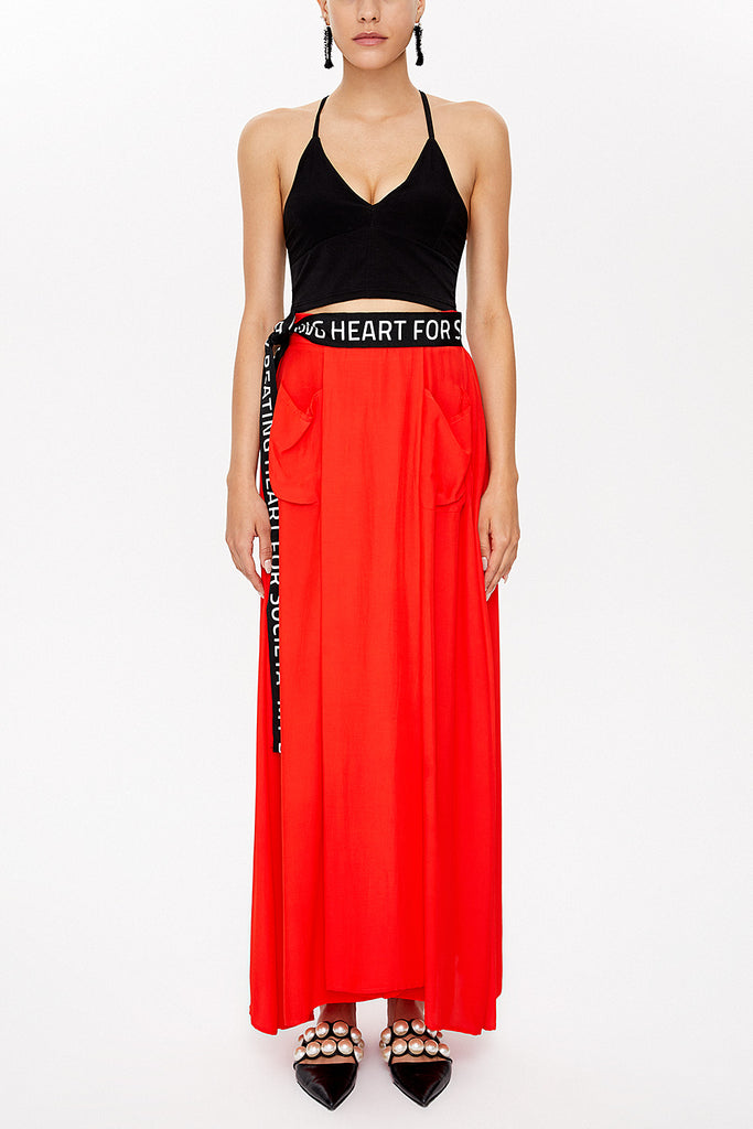 Red Pleat detail  and belted  maxi skirt  81100