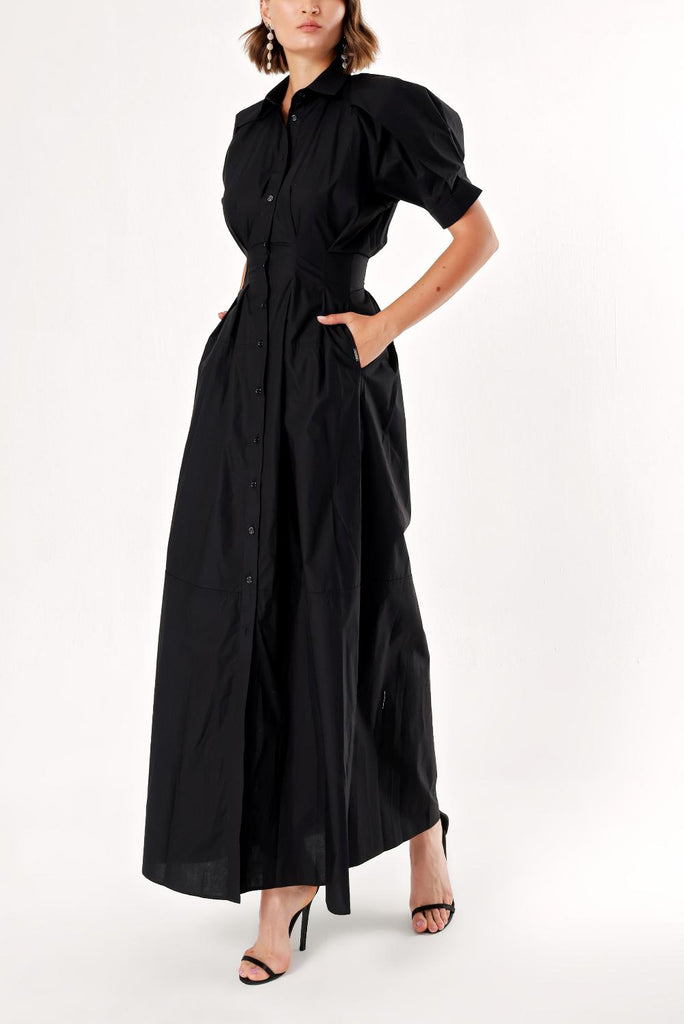 Siyah Kol ve beli pileli uzun elbise 93369
