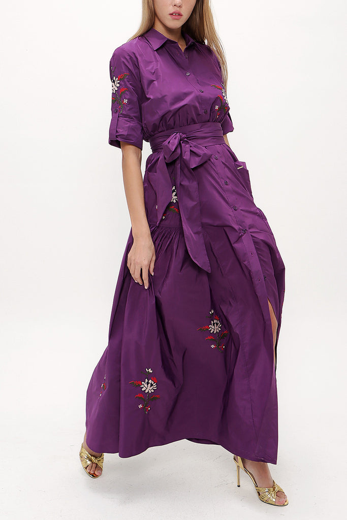 Purple Embroidered and Pleated maxi dress 93072