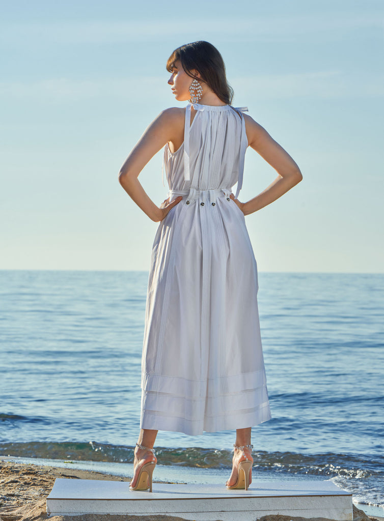 White Sleeveless lace-up wide cut dress  93542