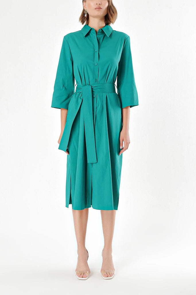 Yeşil Kemerli bol poplin elbise 93995