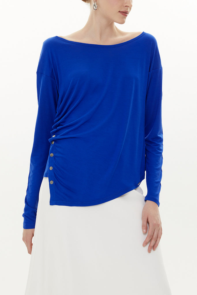 Blue Asymmetric snap fastener detail blouse 19818