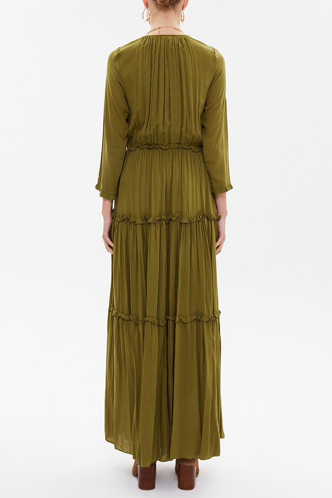 Khaki Tie-neck ruffled maxi dress 93146