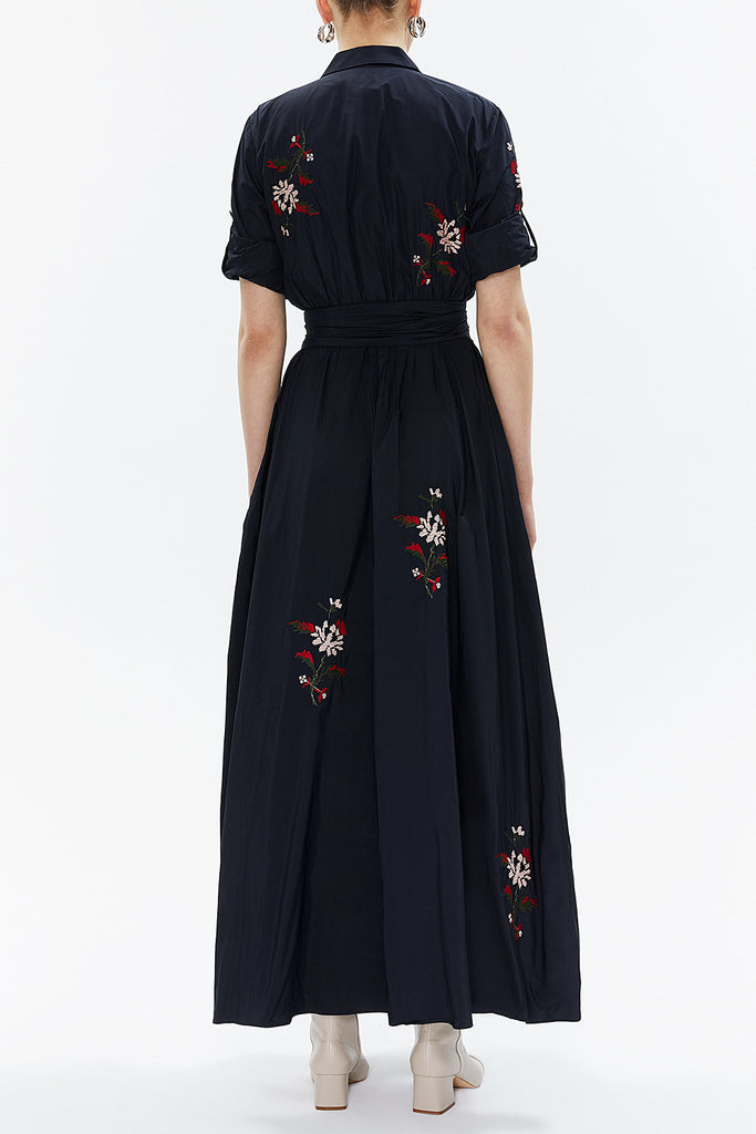 Navy Blue Embroidered maxi taffeta dress 94019