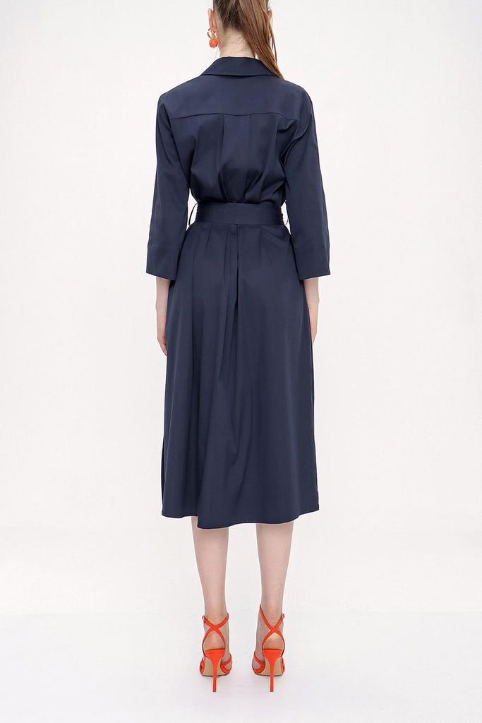 Navy Blue Belted wide cut poplin dress 93995