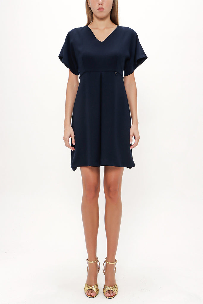 Navy Blue V-neck Pleated skirt mini dress 91417