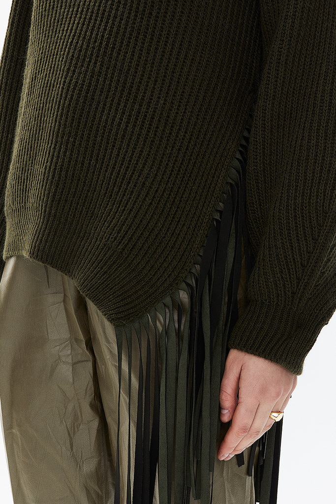 Khaki Turtleneck detail knit sweater with tassels 19816