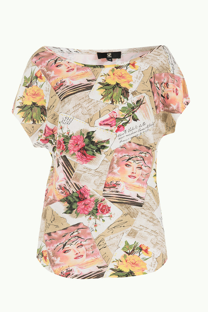 Ecru Patterned wide cut blouse 19009