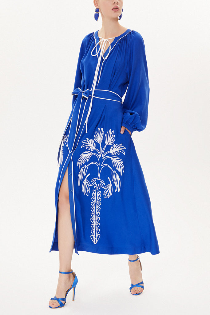 Blue Embroidery detail long sleeve dress 93438