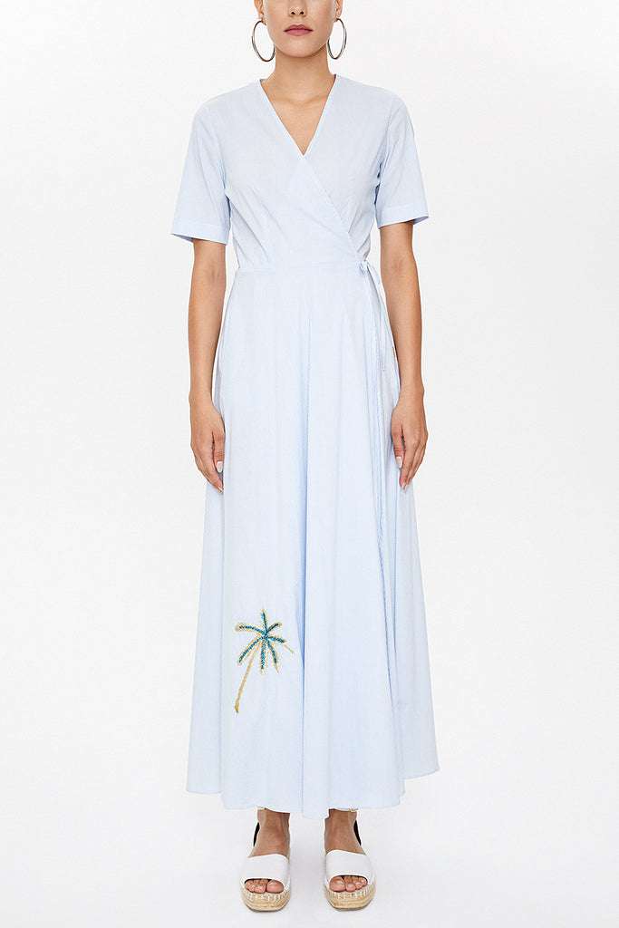 Blue Wrap-over tie embroidered maxi dress 92901