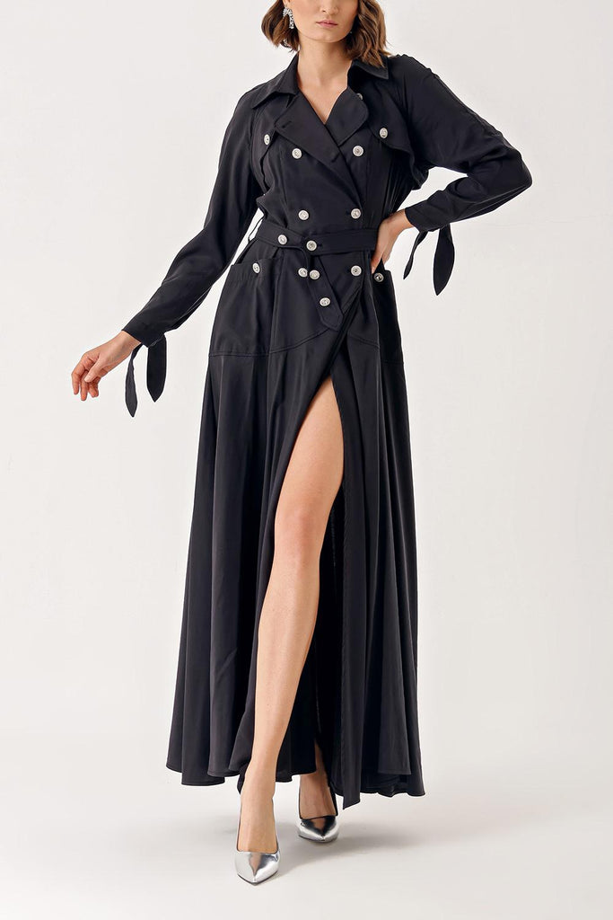 Black Long trench dress with crystal button detail 94400