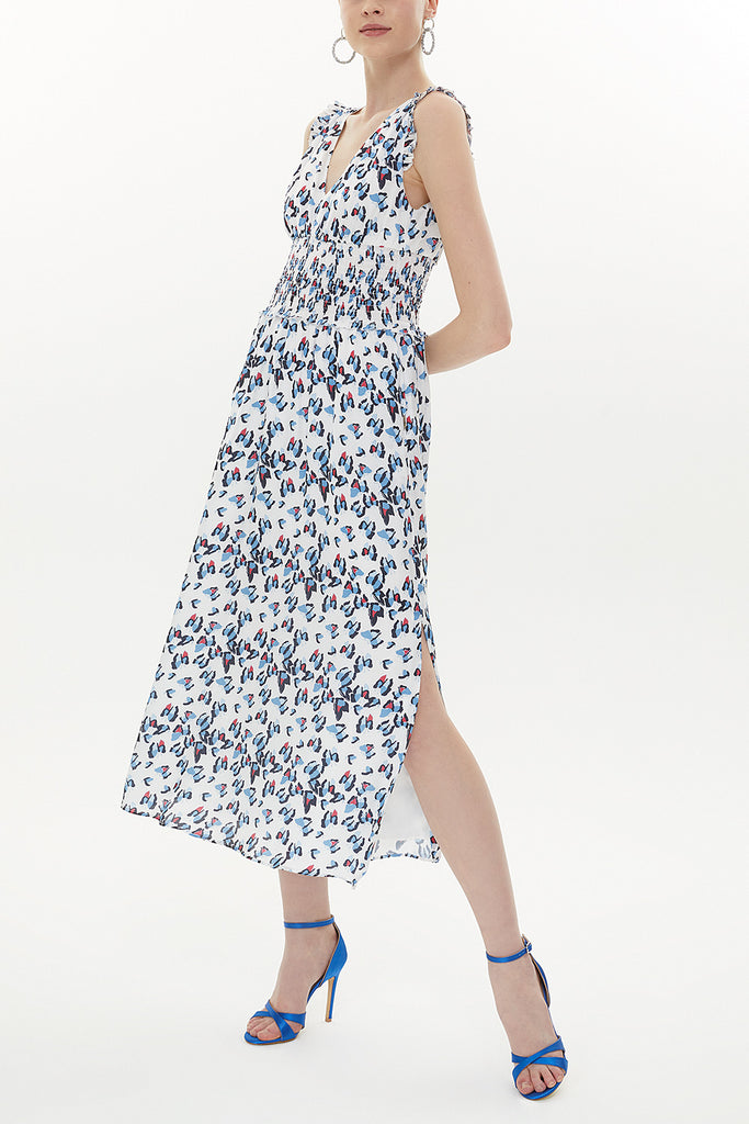 Blue Patterned Elastic waist sleeveless midi dress 93359