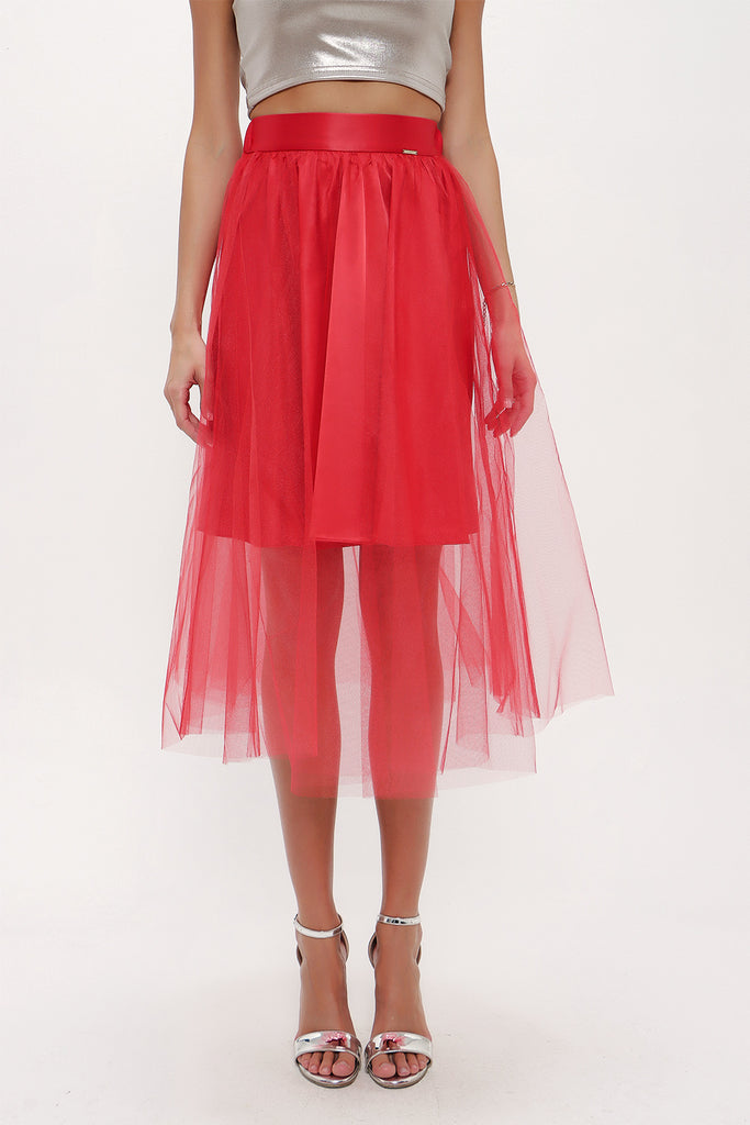 Red Elastic waist tulle skirt 81075