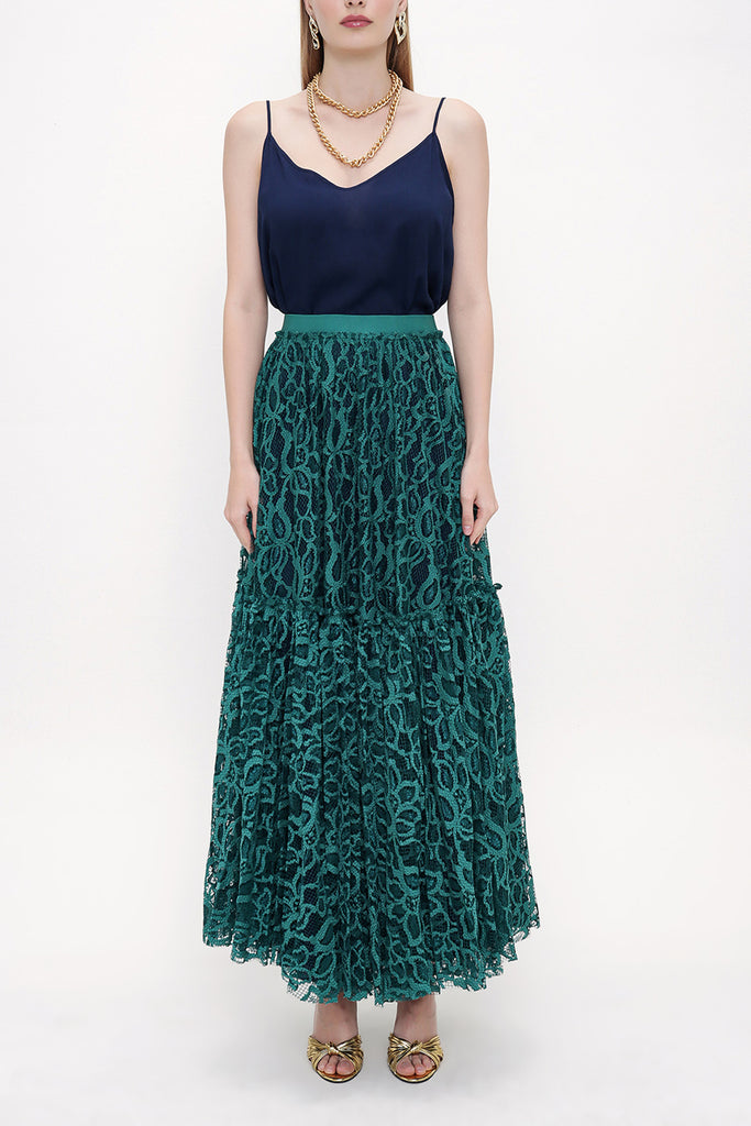 Green Elastic waist Pleated skirt 81202