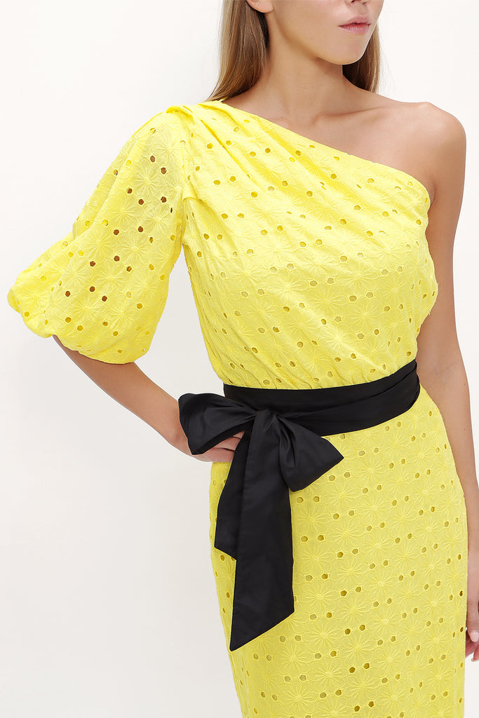 Yellow One shoulder balloon sleeve midi dress 93073