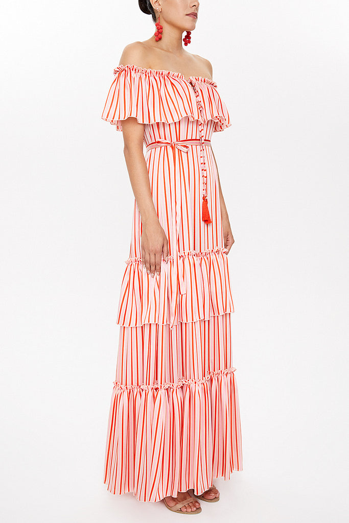 Striped Off shoulder belted dress 93231